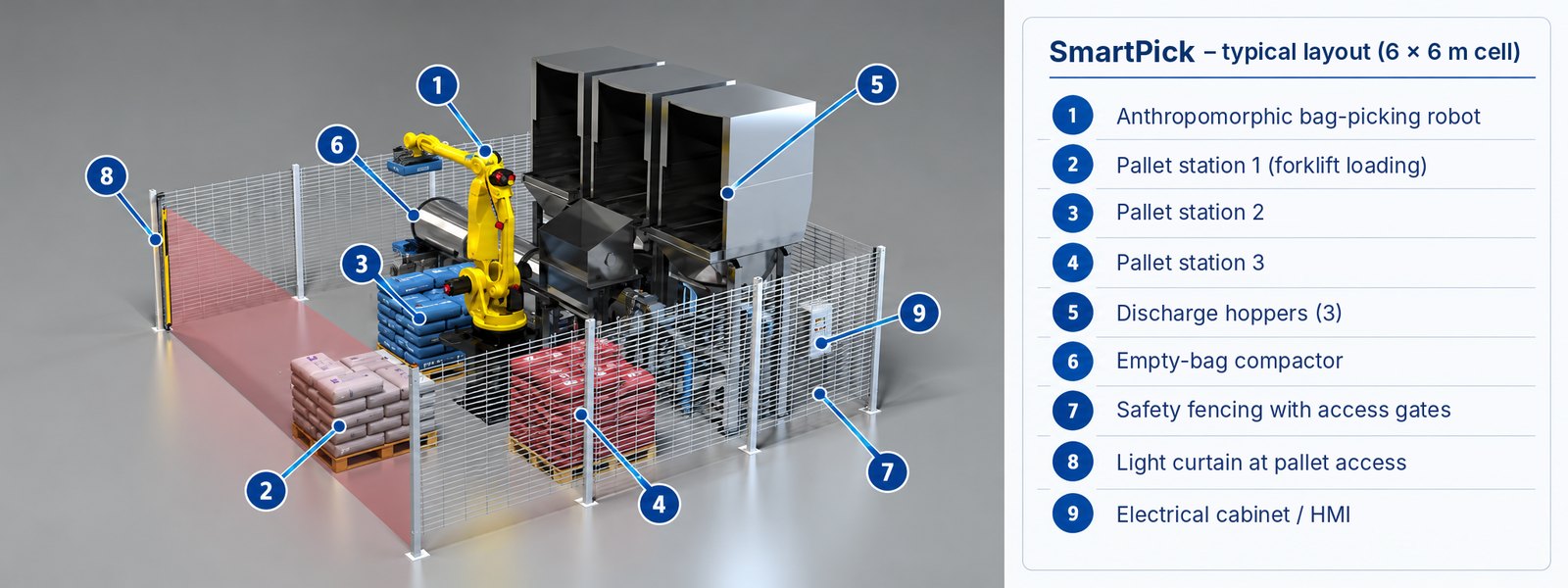Typical SmartPick cell layout, 6 x 6 m, with numbered legend