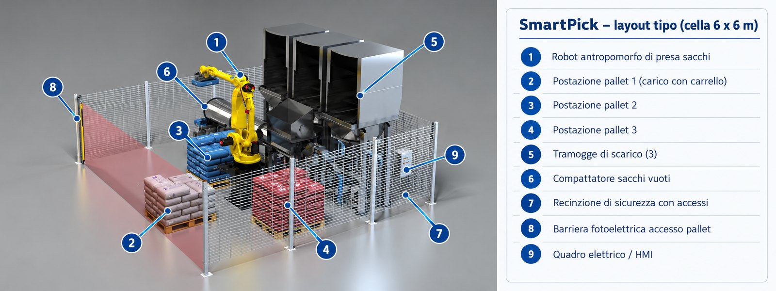 Layout tipo di una cella SmartPick 6 x 6 m con legenda numerata